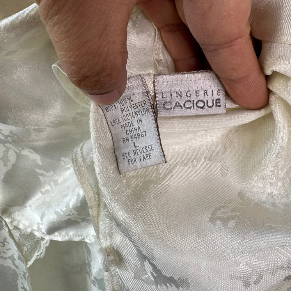 Cacique Lingerie Nightgown Large Ivory Satin Lace Floral Jacquard Coquette‎ Chic